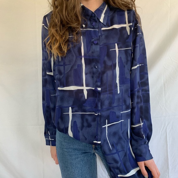 Vintage 80s Blue White Abstract Semi-Sheer Blouse - Picture 3 of 6